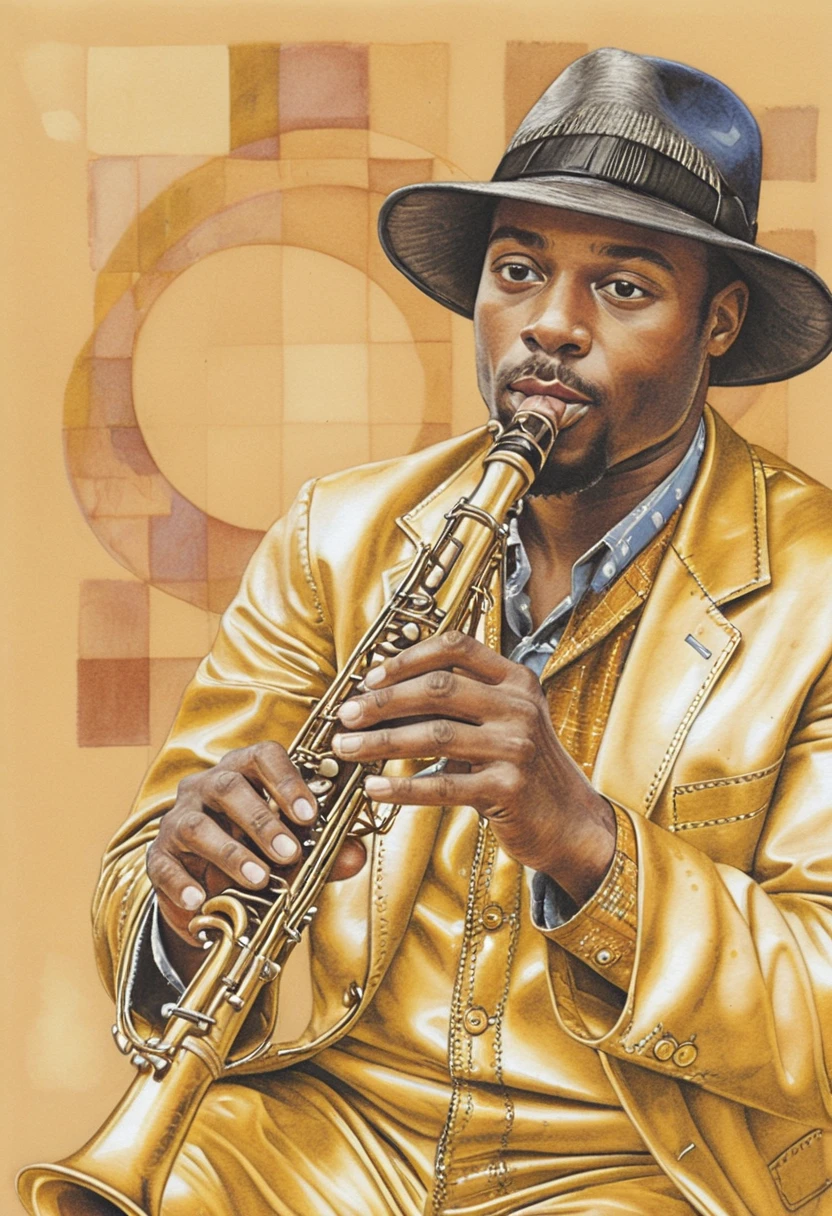 Retrato cubista de um saxofonista de jazz em tons suaves de azul