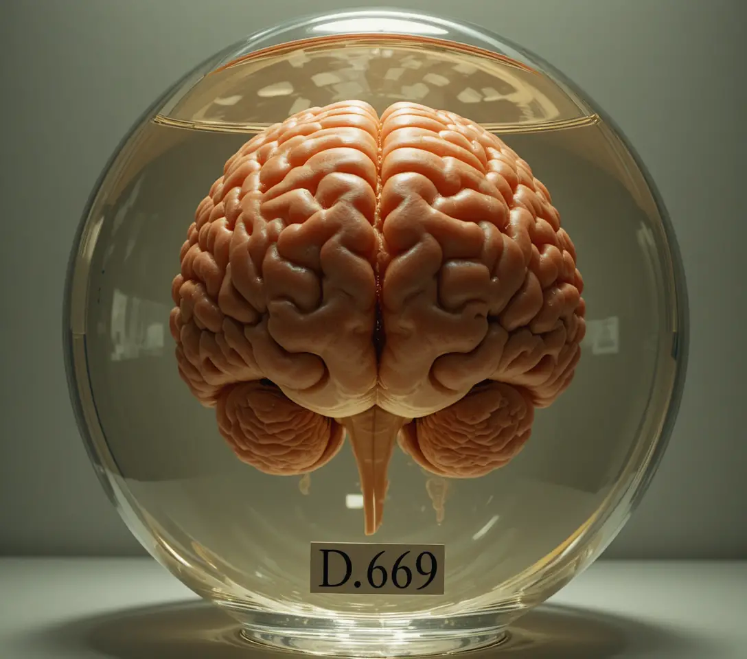 Cerveau humain conservé dans un bocal en verre étiqueté