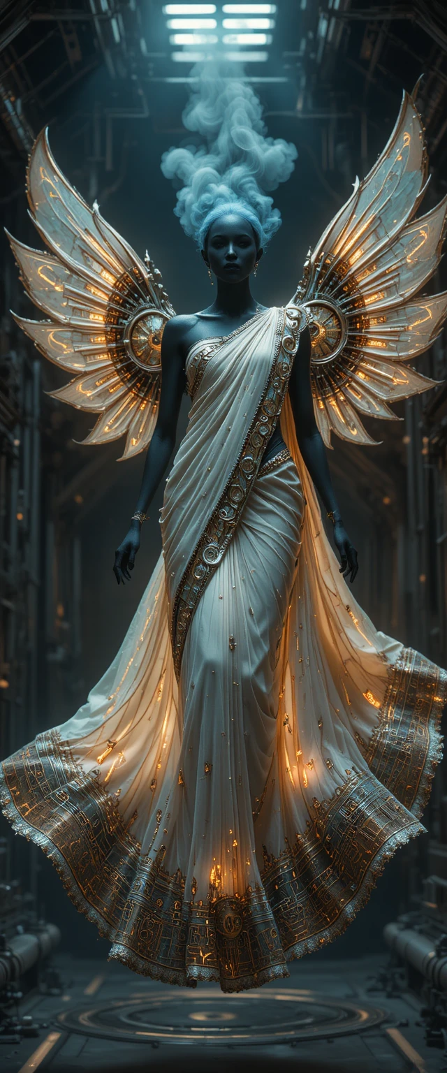 Anti gravity futuristic sari with glowing steampunk details