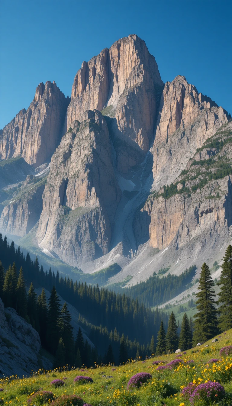 Picos de montanha majestosos sobre um prado alpino ao nascer do sol