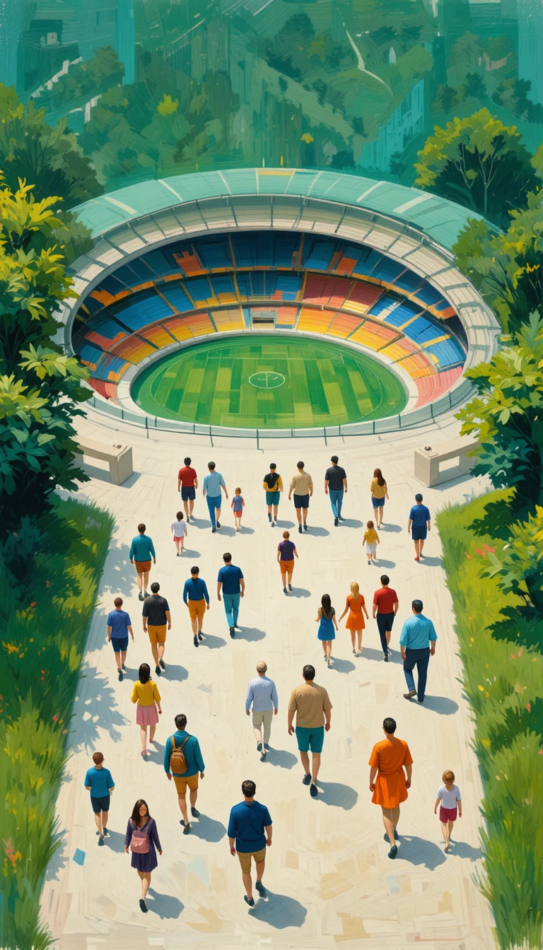 Menschen gehen in farbenfrohem Ölstil auf ein Stadion zu