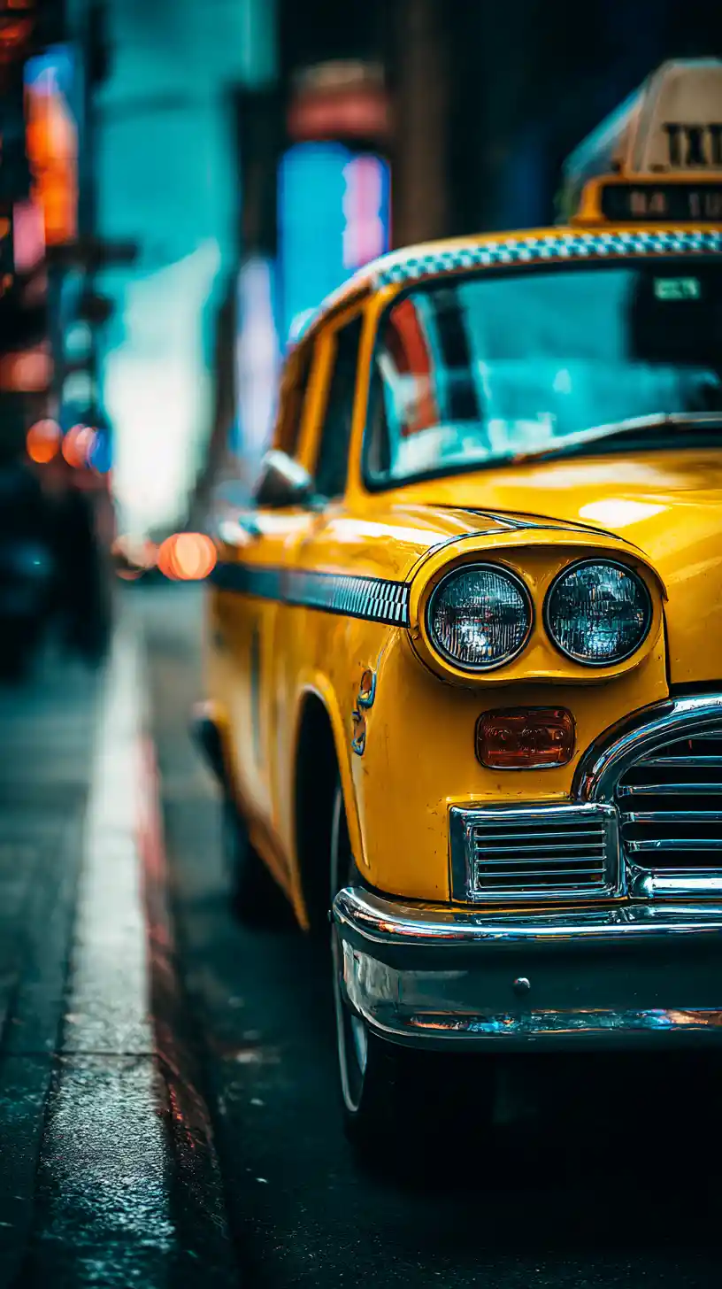Futuristic New York taxi and police on neon city street