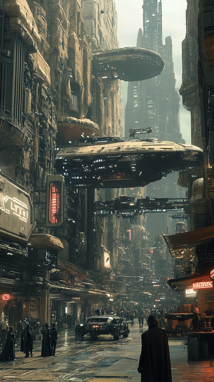 Cidade alienígena futurista com hologramas e máquinas avançadas