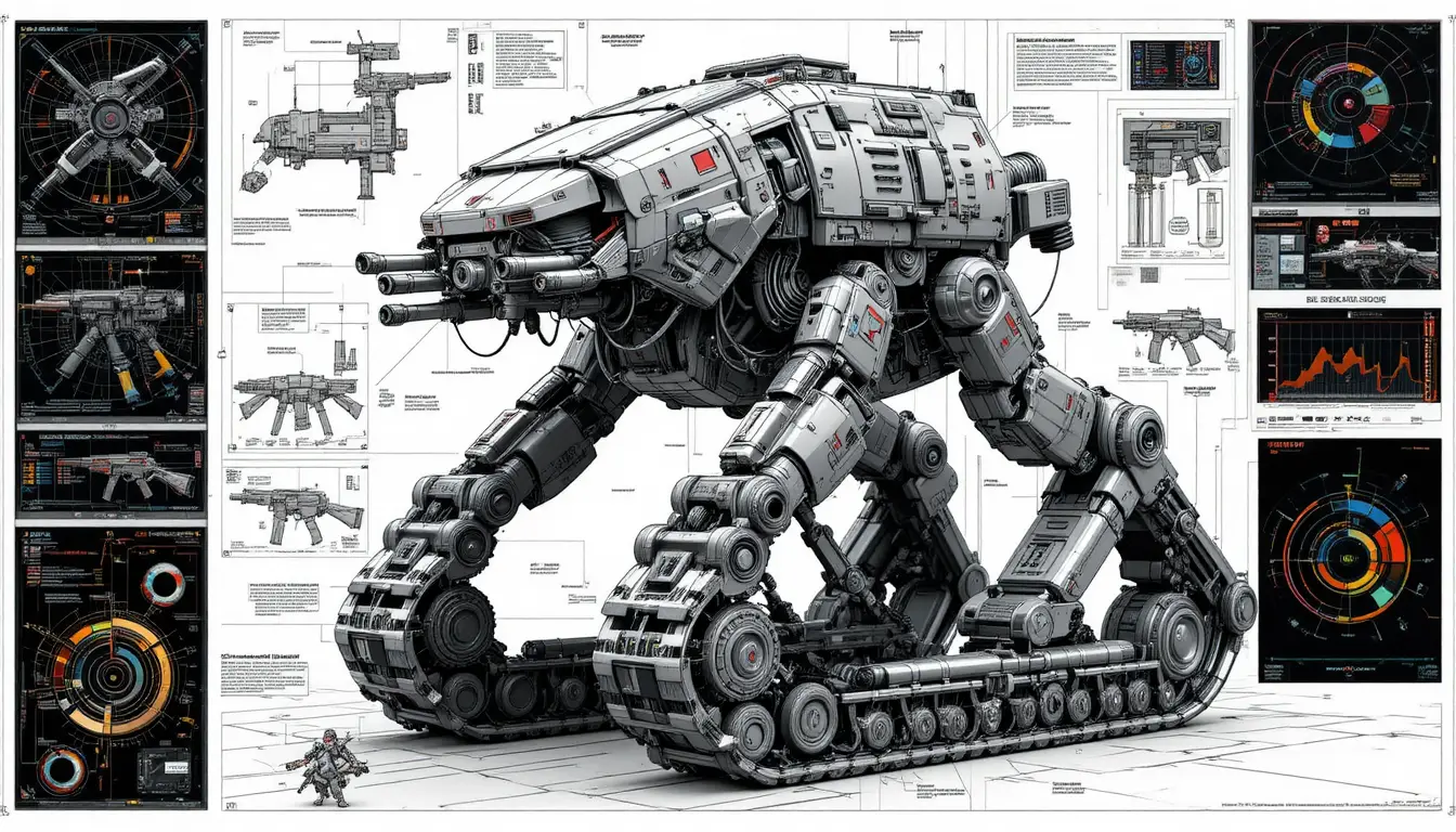 Futuristischer Alien-Walker-Mech mit technischen Datendisplays
