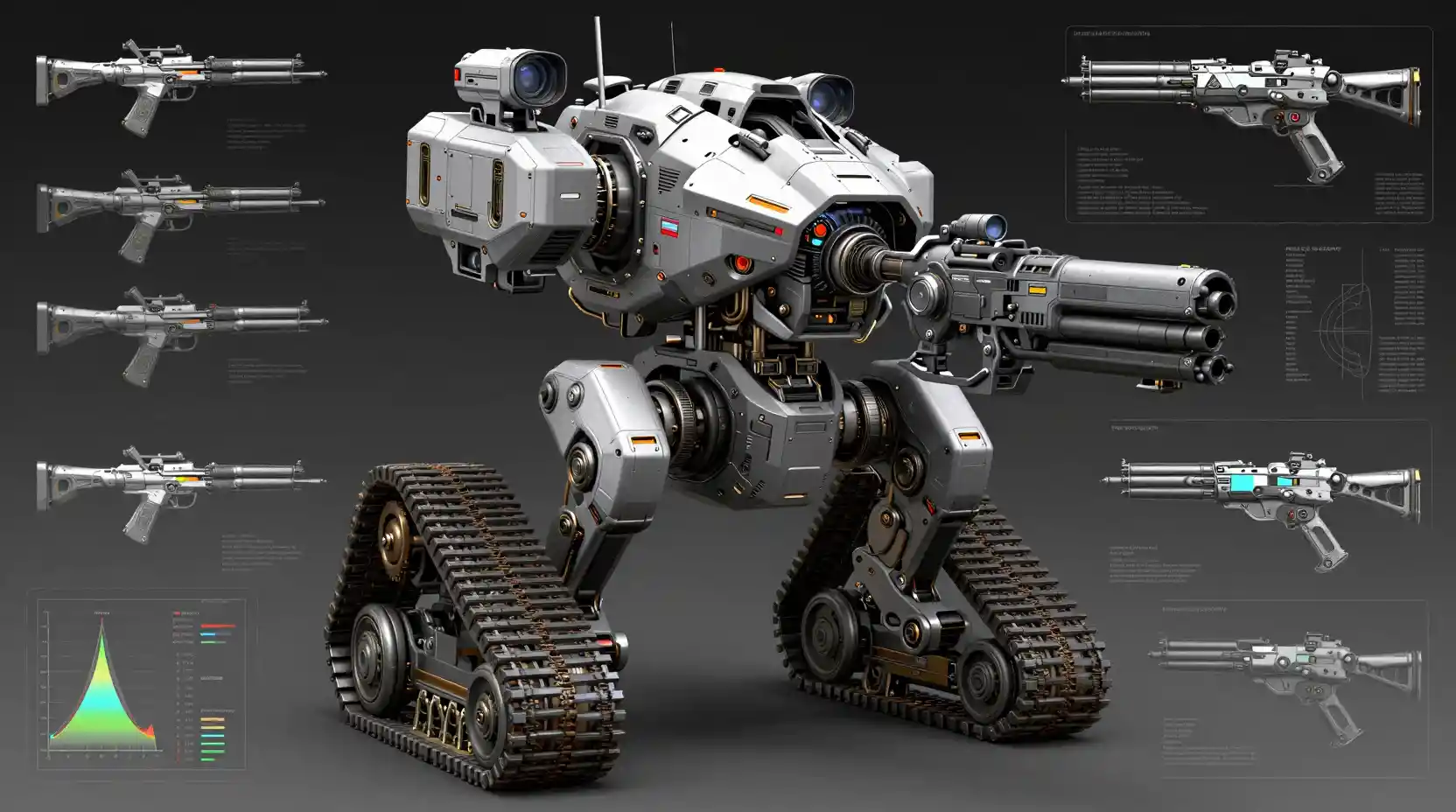 Futuristischer Urban-Warfare-Mech mit technischen Daten-Overlays