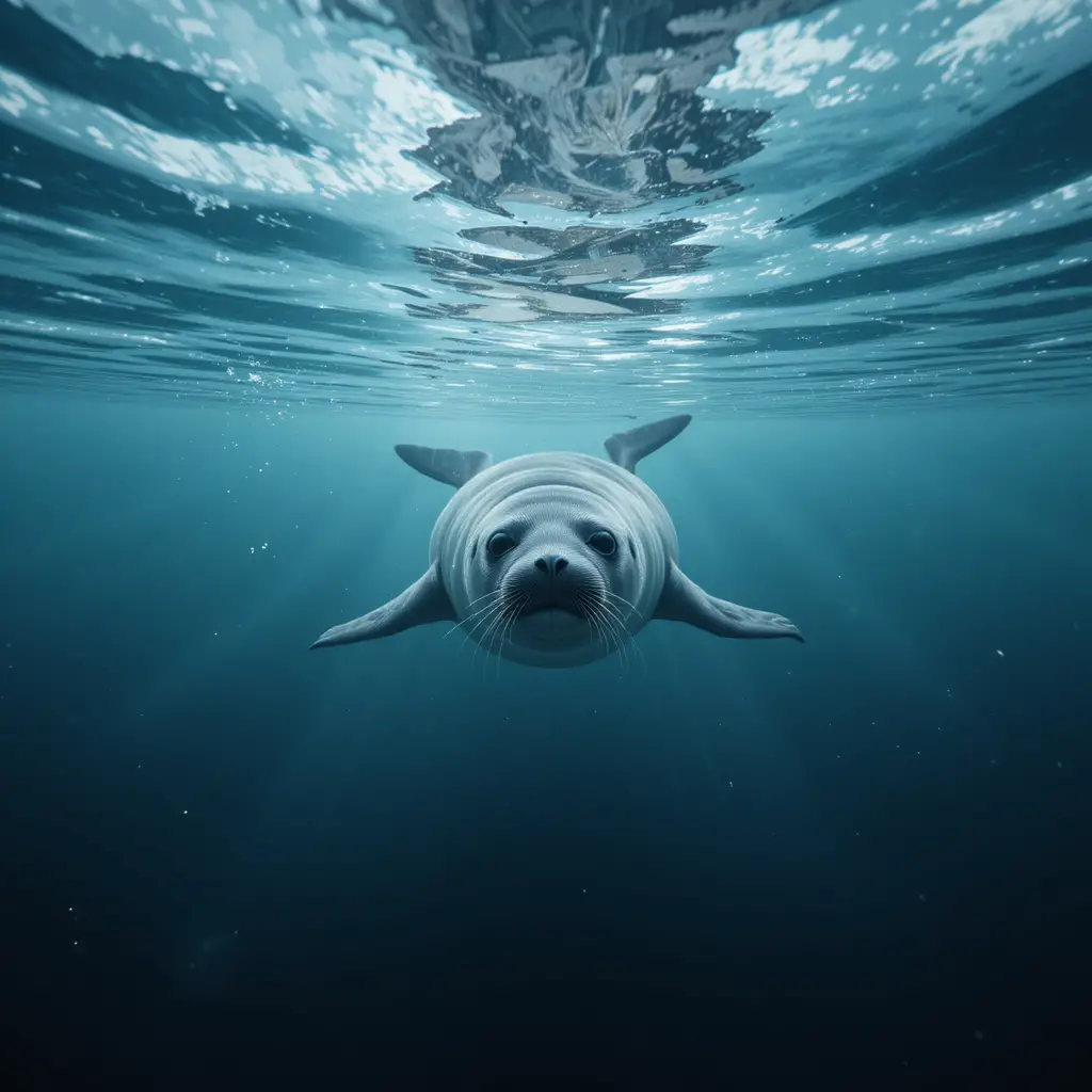 Arctic seal gliding swiftly across a frozen underwater seascape