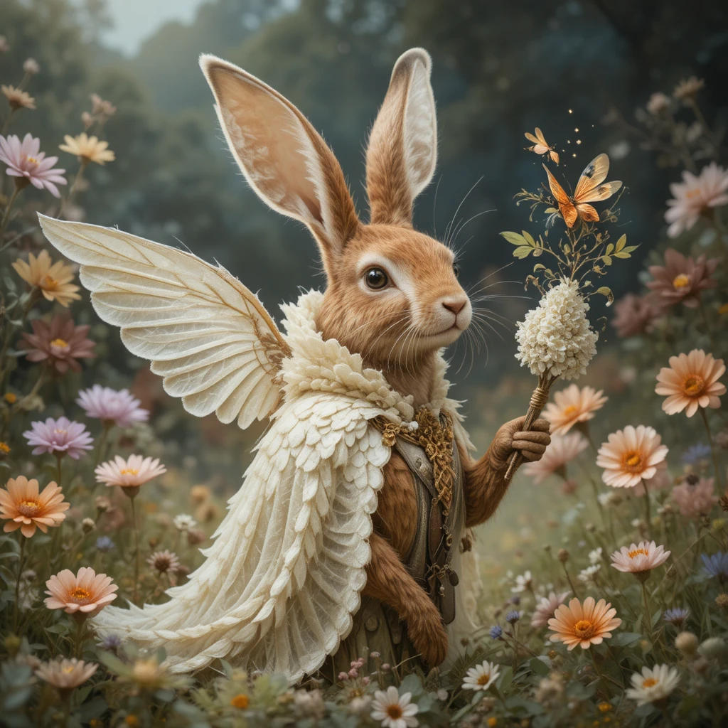 Fantasy rabbit with felt wings casting sparks in forest