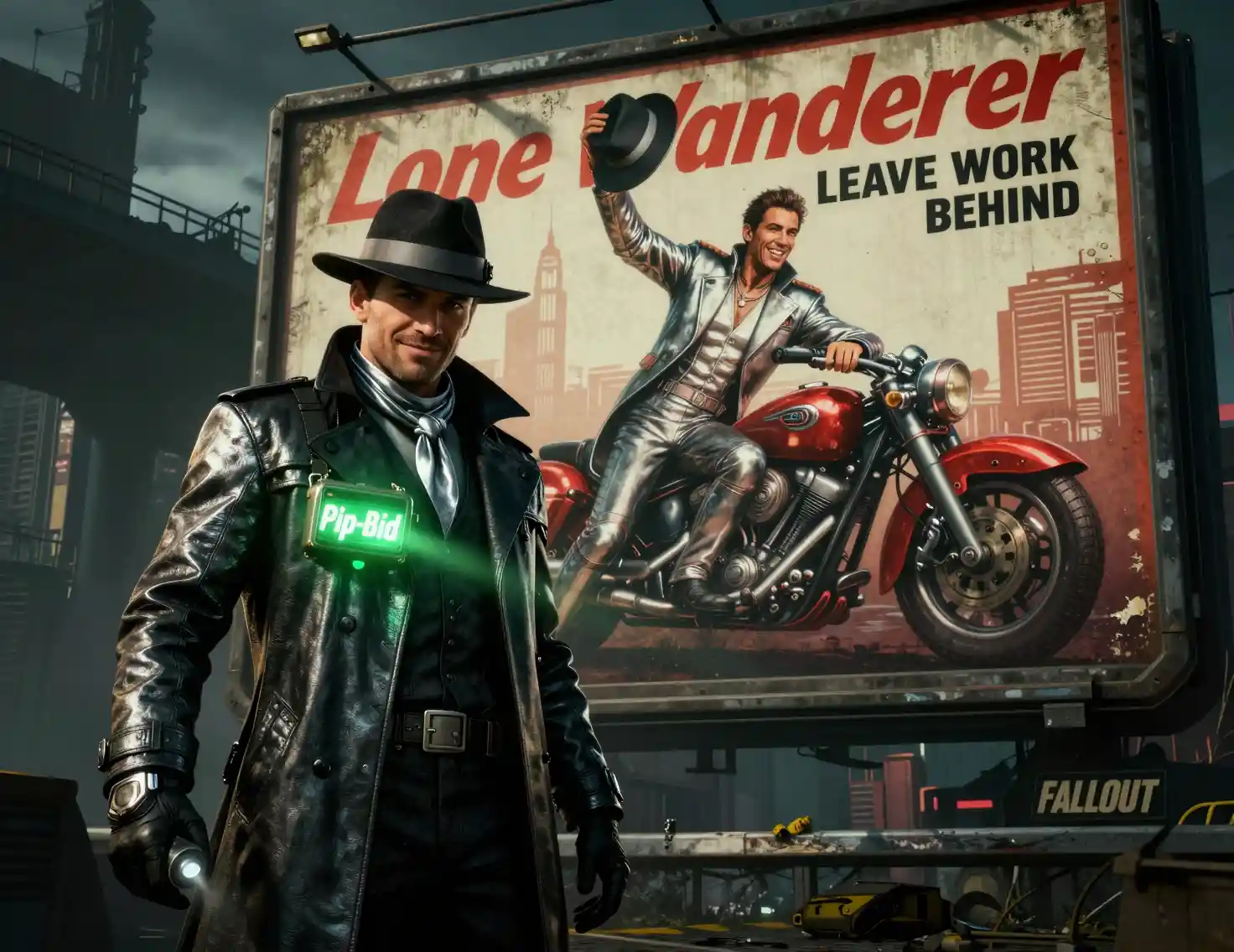 Detective sci‑fi con dispositivo al neon davanti a un cartellone