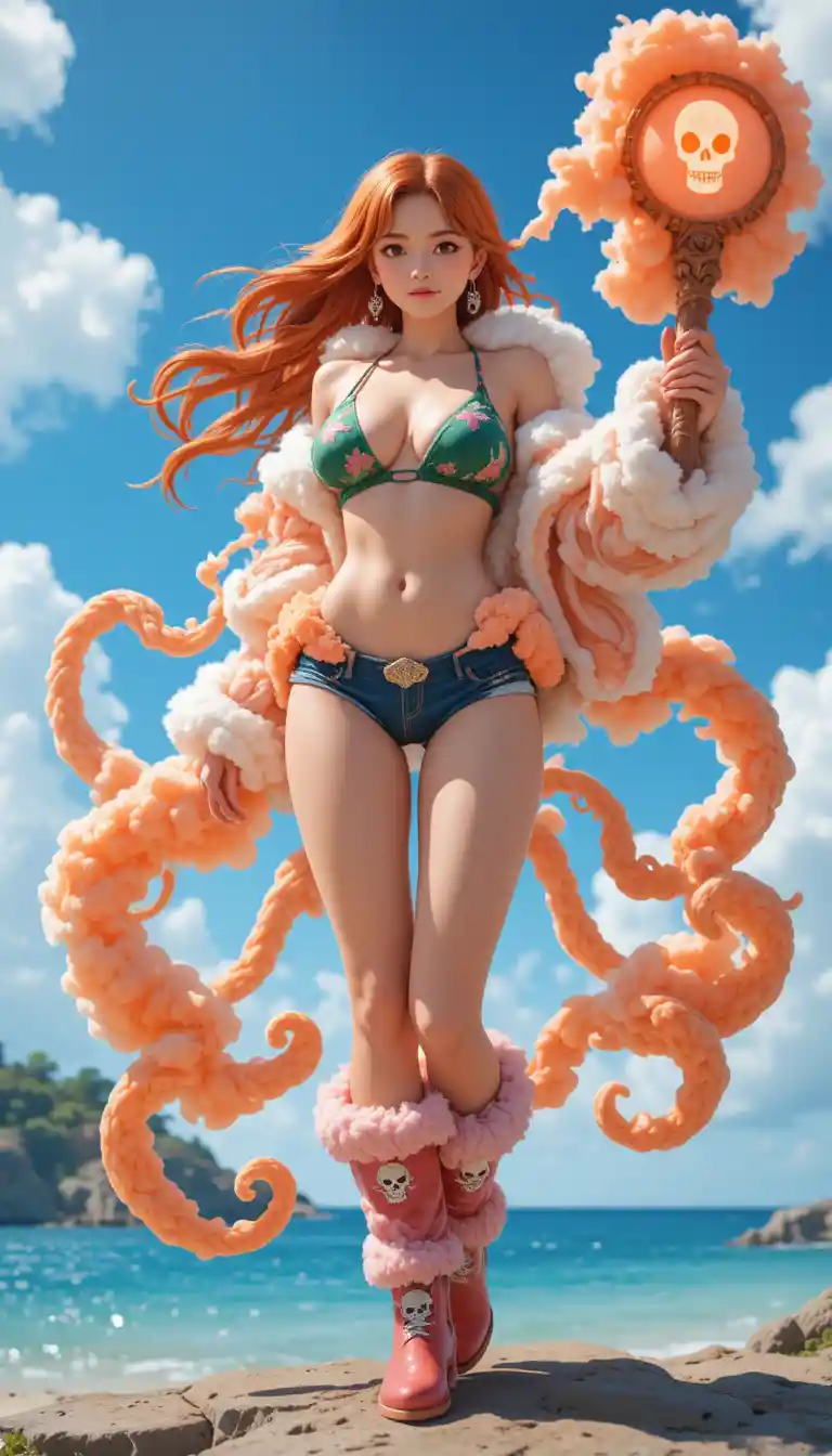 Donna anime con abito di nuvole che posa su un'isola soleggiata