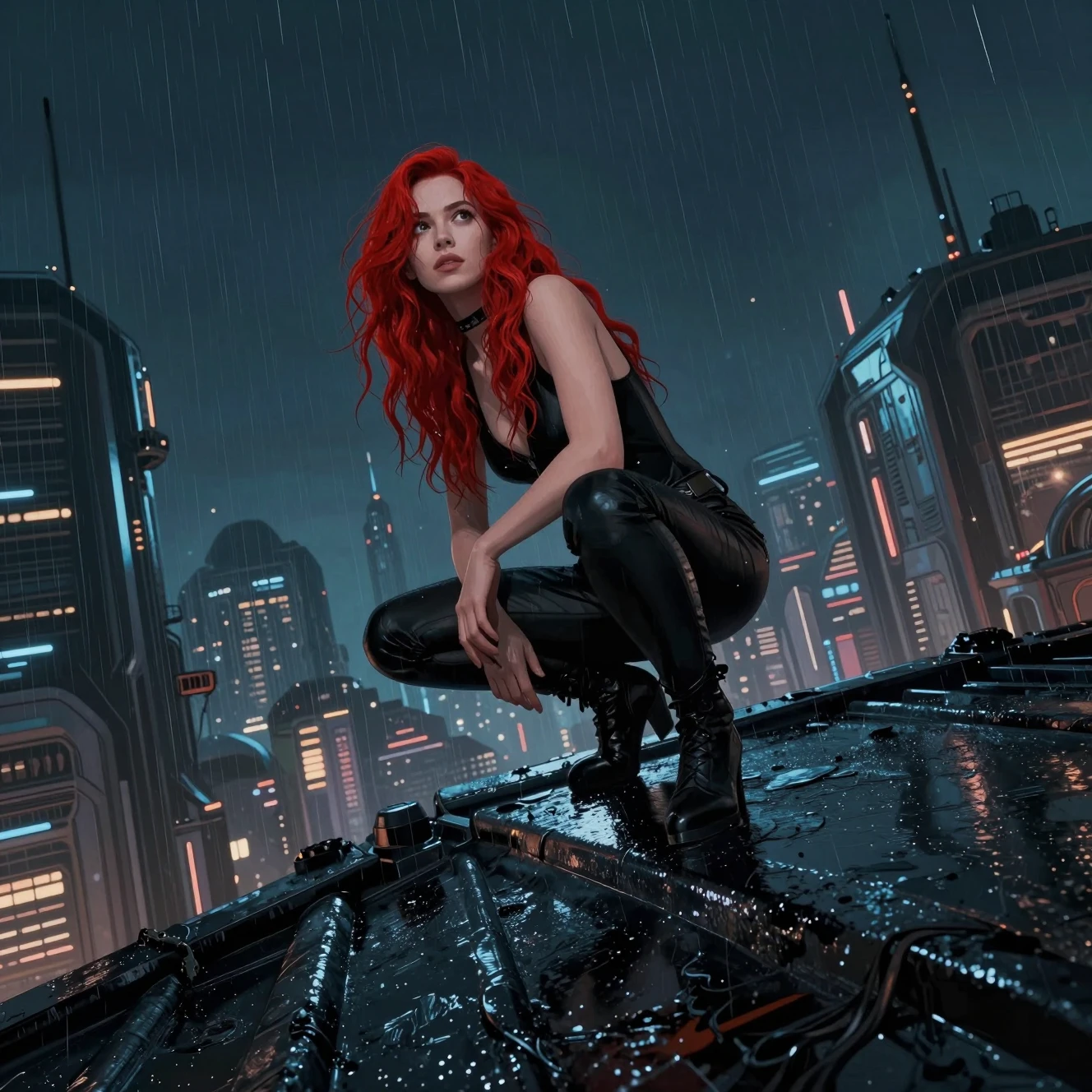 Femme de science-fiction rousse accroupie sur un toit sous la pluie
