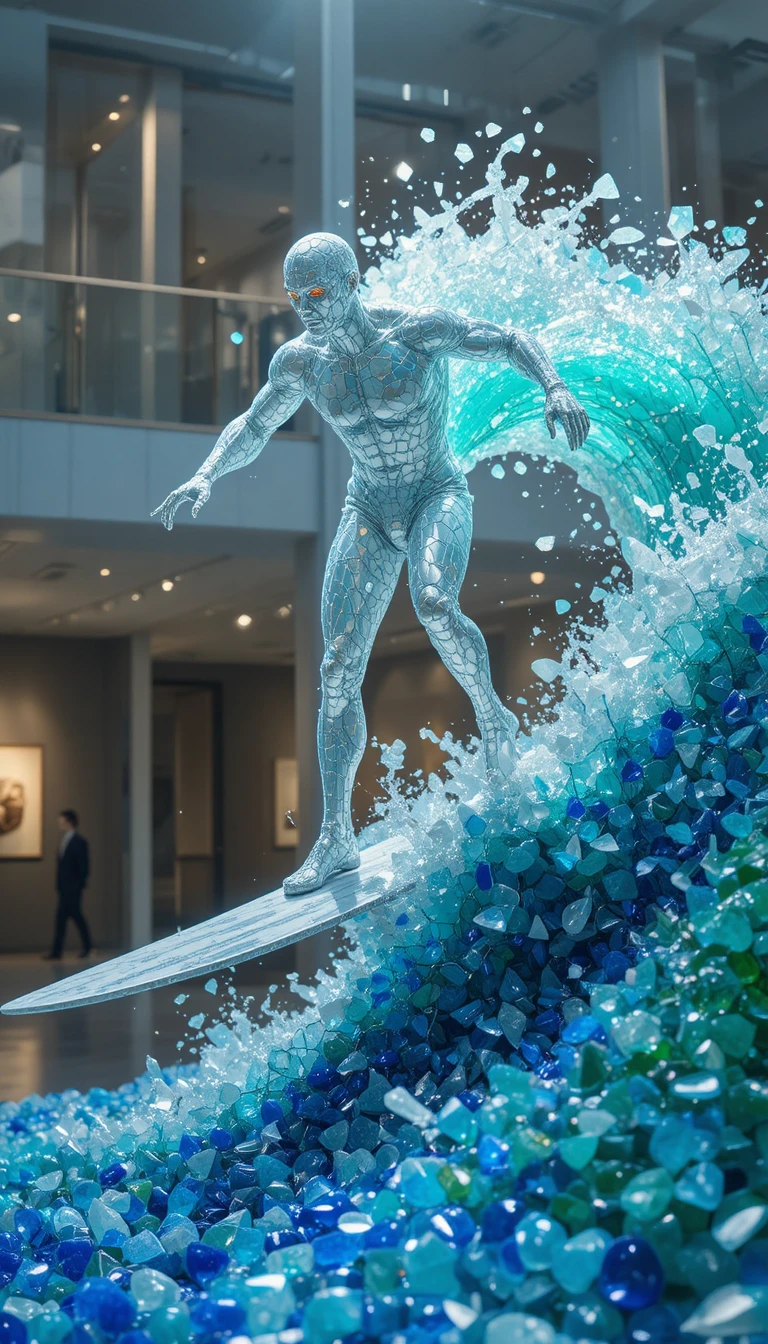 Escultura de Super‑Herói de Vidro Surfando em uma Onda de Cristal Colorida