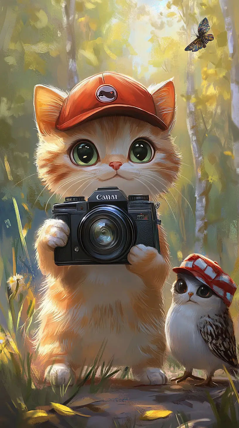Dolce gatta fotografa in stile cartoon con curiosa civetta come compagna