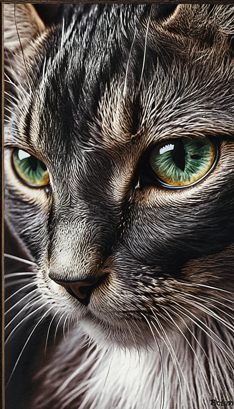 Extreme close up scratchboard portrait of a black cat
