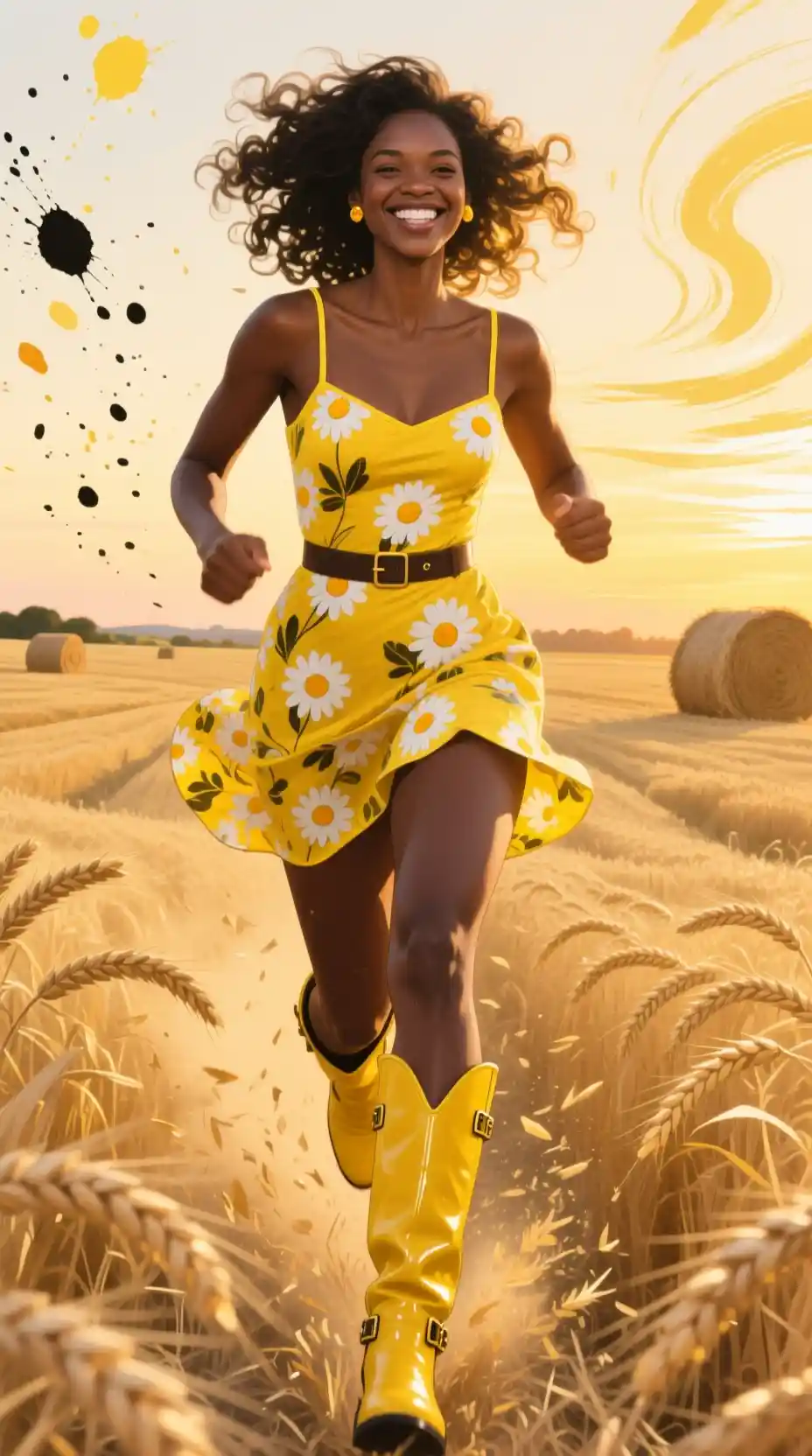 Young woman running through golden wheat at sunset