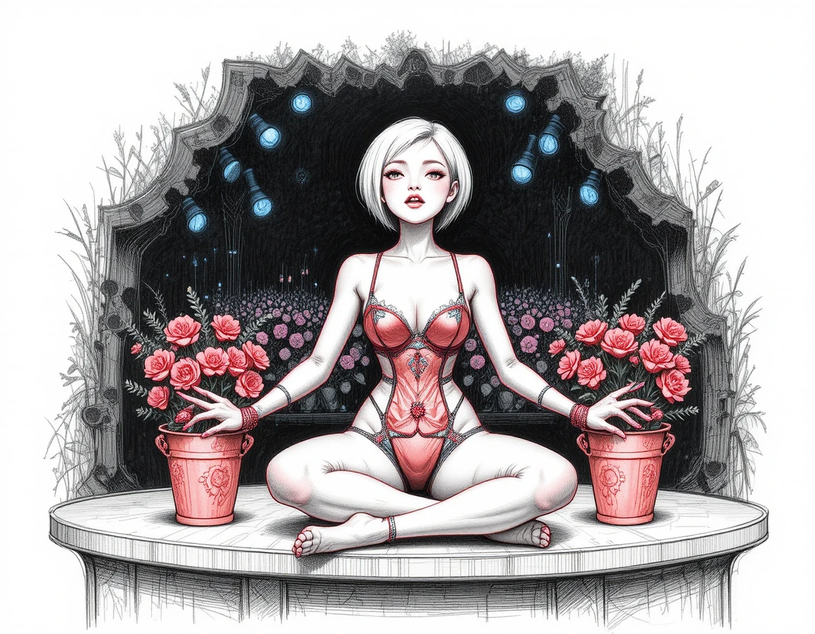 坐在灰色桌邊的俏皮花盆小人