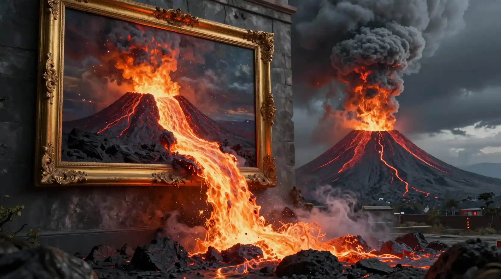 Lava volcánica que brota de un cuadro de pared con marco dorado