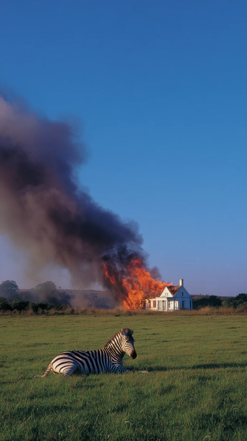 Zebra Resting Before A Burning House In Sunny Countryside