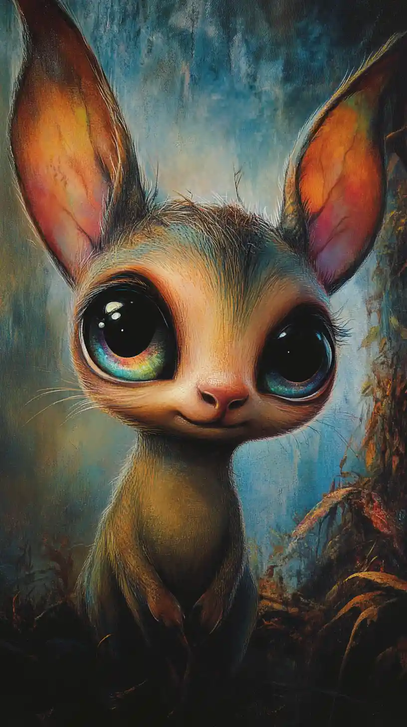Creatura bebé con occhi sfumati e scintillanti in una dolce illustrazione