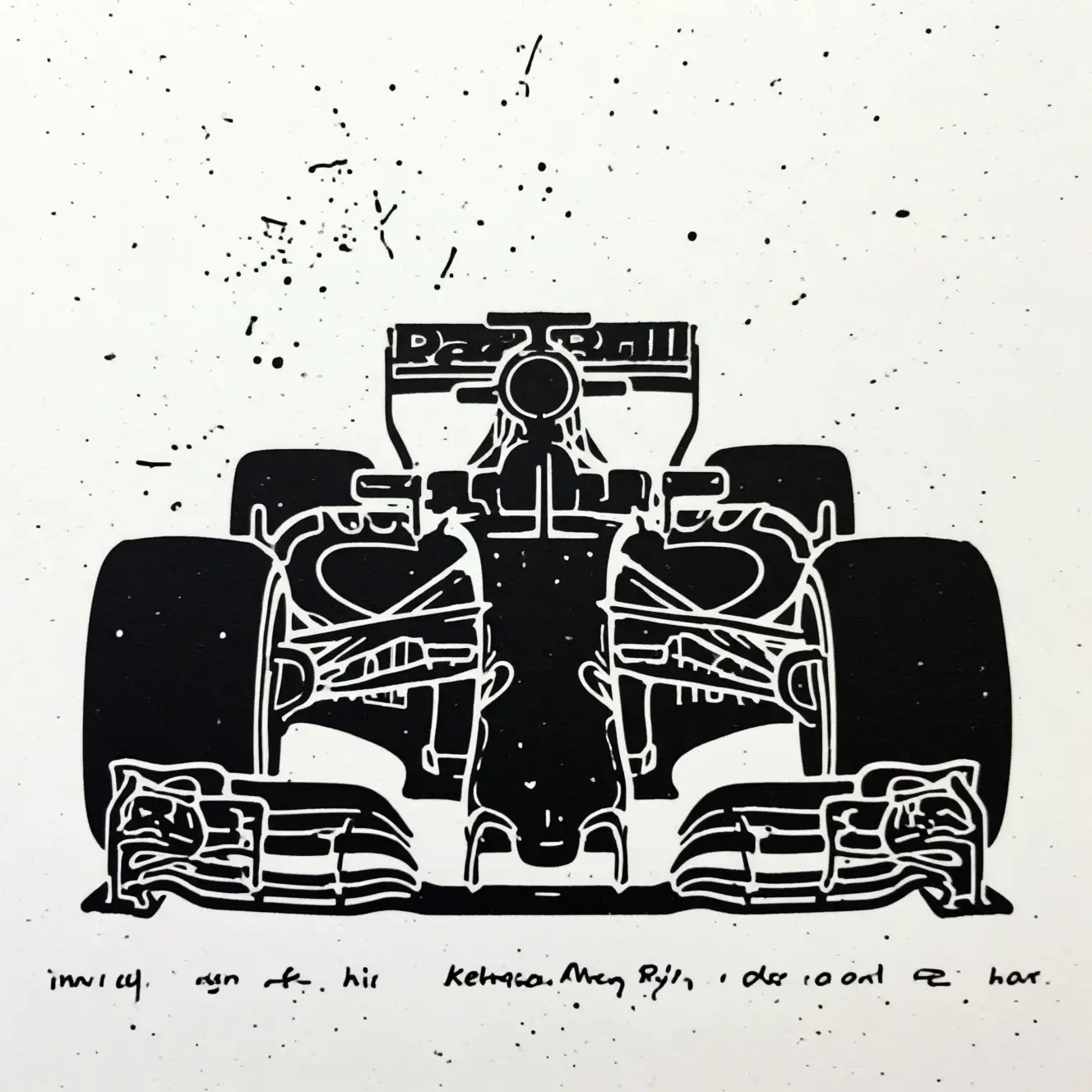 Linoleografia minimalista di una elegante auto da corsa di Formula 1 nera