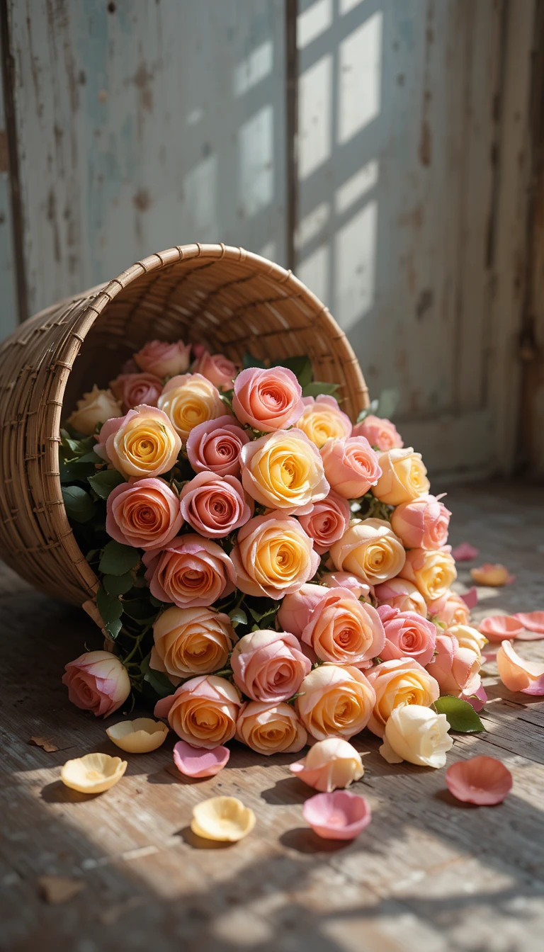 Rosas vibrantes em cesto rústico sobre mesa de madeira