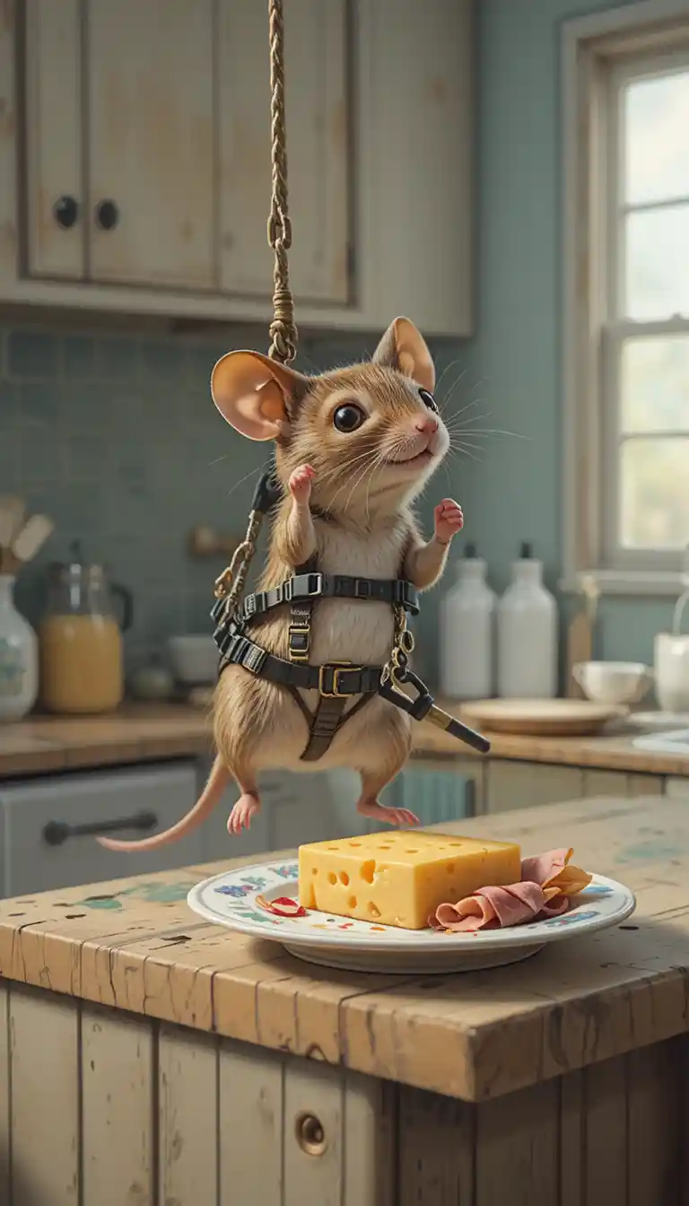 Pequeno rato escalando o balcão da cozinha em busca de queijo