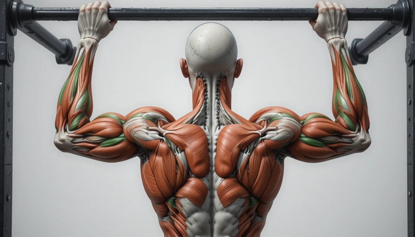 Ilustração anatômica de um homem musculoso fazendo barra fixa
