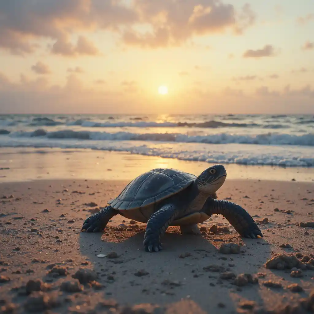 Bébé tortue de mer traversant le sable mouillé vers un océan calme