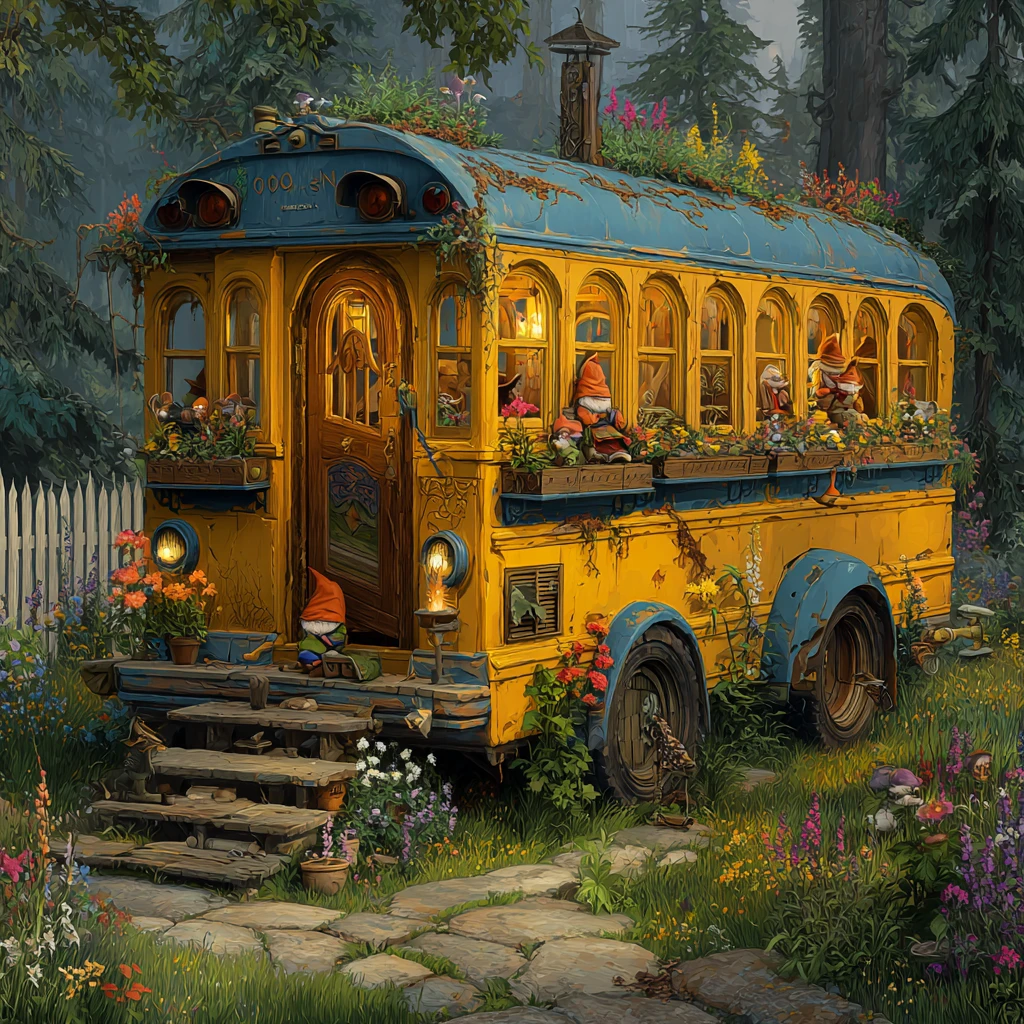 Charmante maison de gnome dans un vieux bus scolaire de la forêt