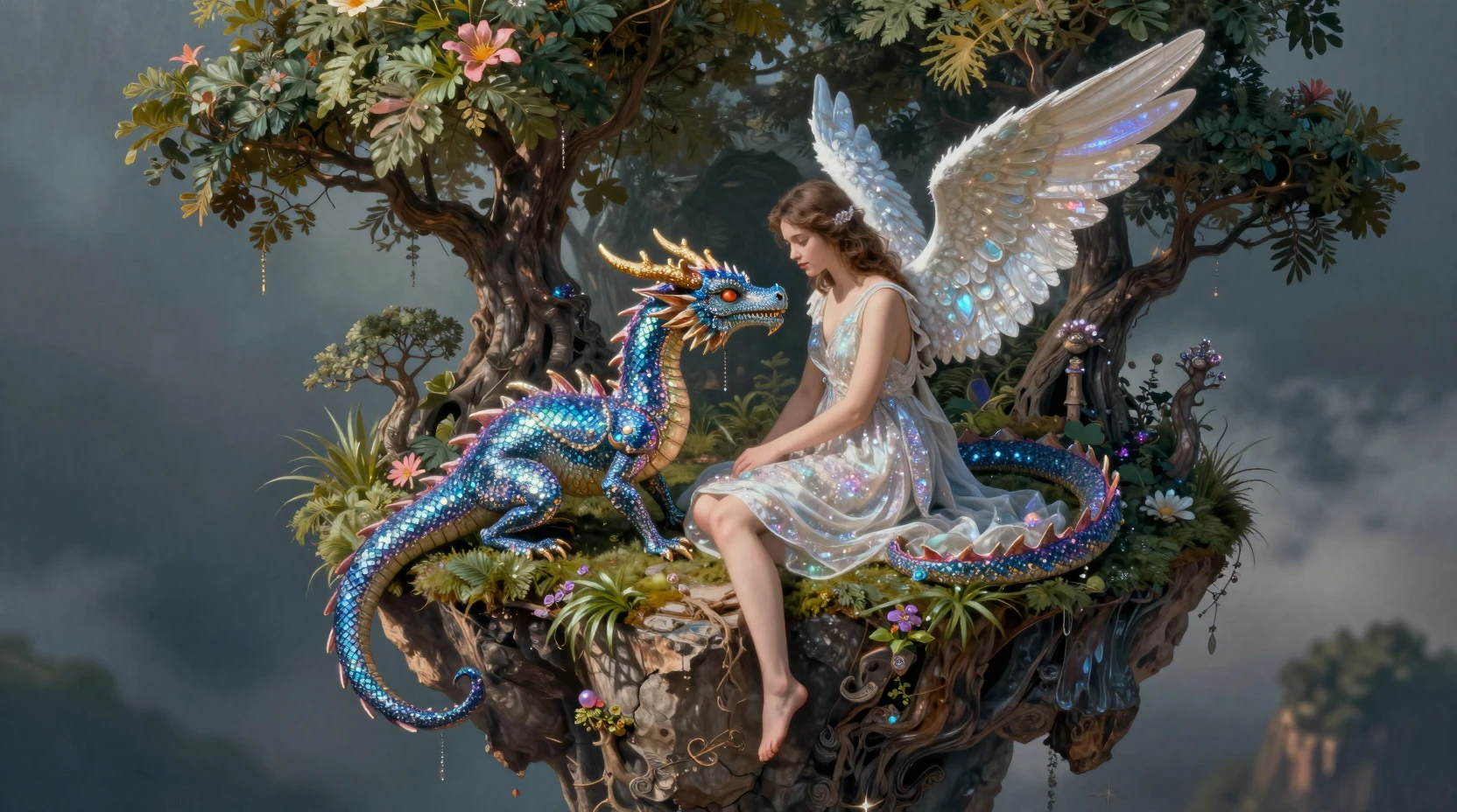 Anjo e Dragão em uma Ilha Flutuante sob Luz Surreal