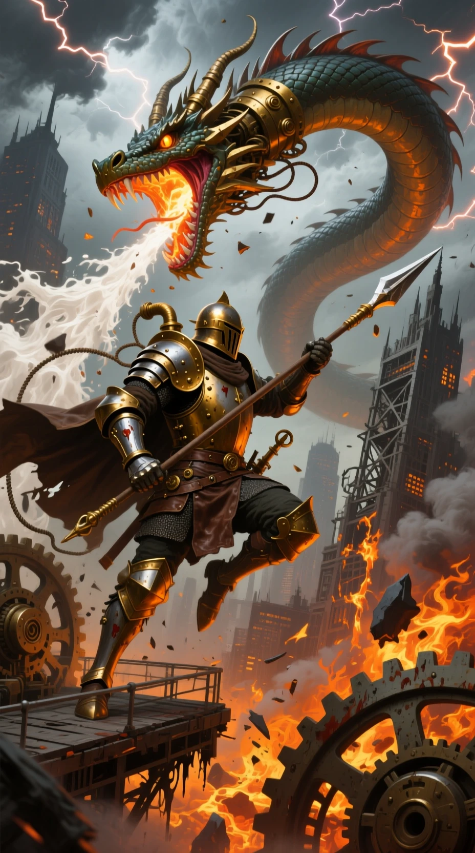 Steampunk knight attacks colossal mechanical dragon amid ruins