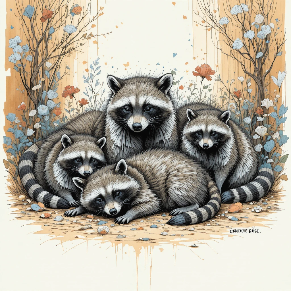 Raccoon family drawing with colorful abstract background