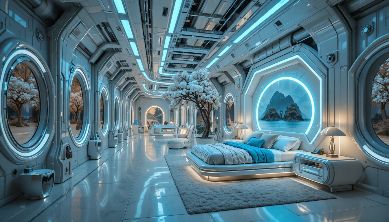 Luxuriöses Wohnzimmer in einem futuristischen Industrieflur