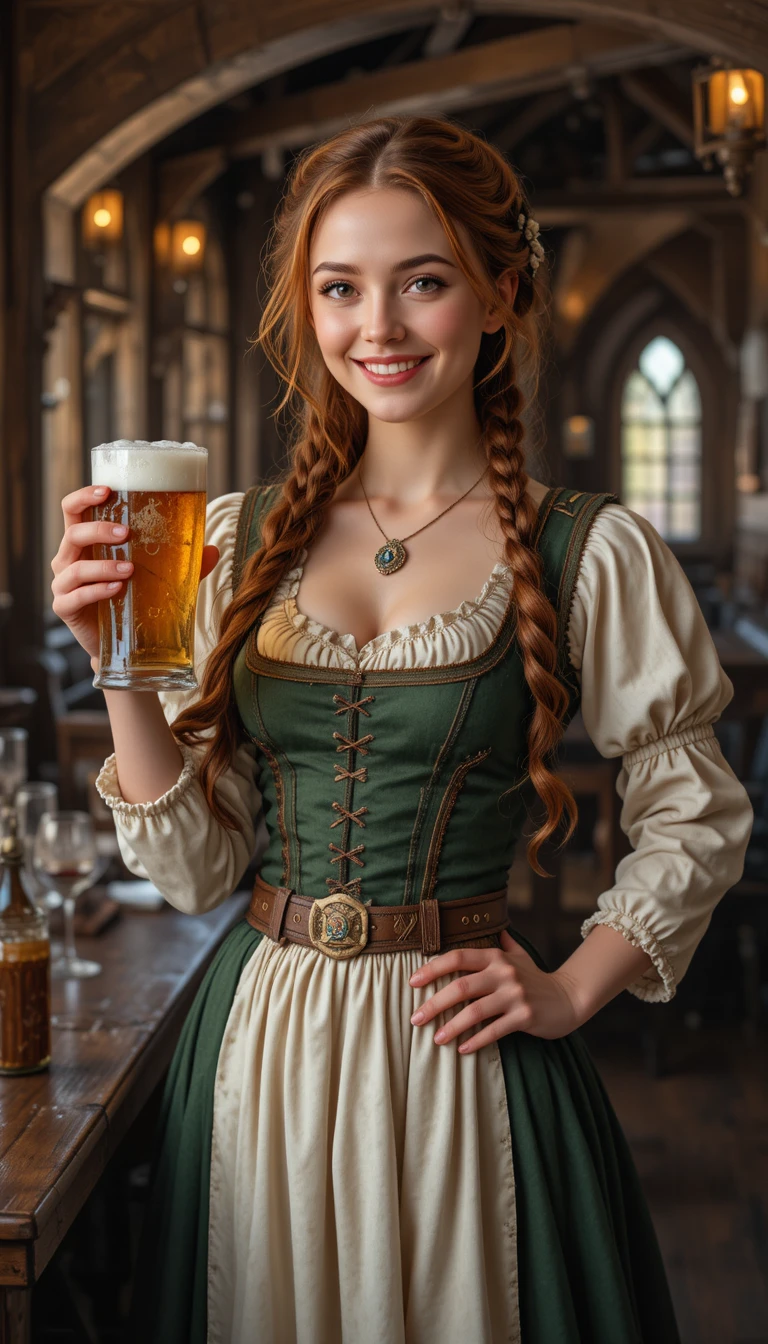 Servante rousse souriante tenant une bière dans une taverne médiévale