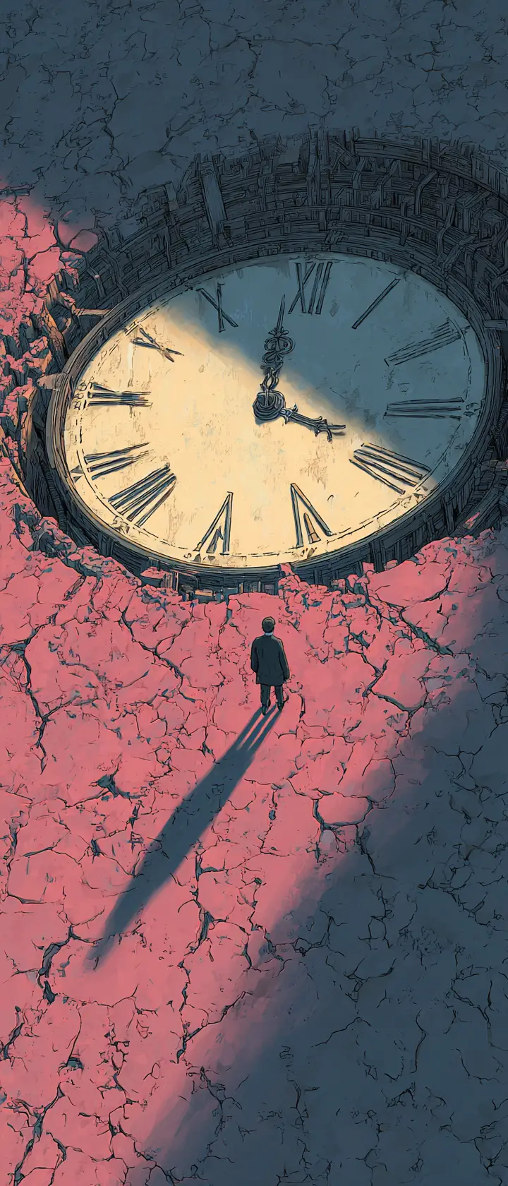 Uhr schlägt Mitternacht über einer rissigen symbolischen Welt