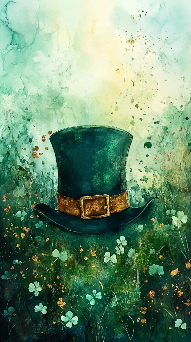 Oásis místico esmeralda com silhueta de chapéu de leprechaun