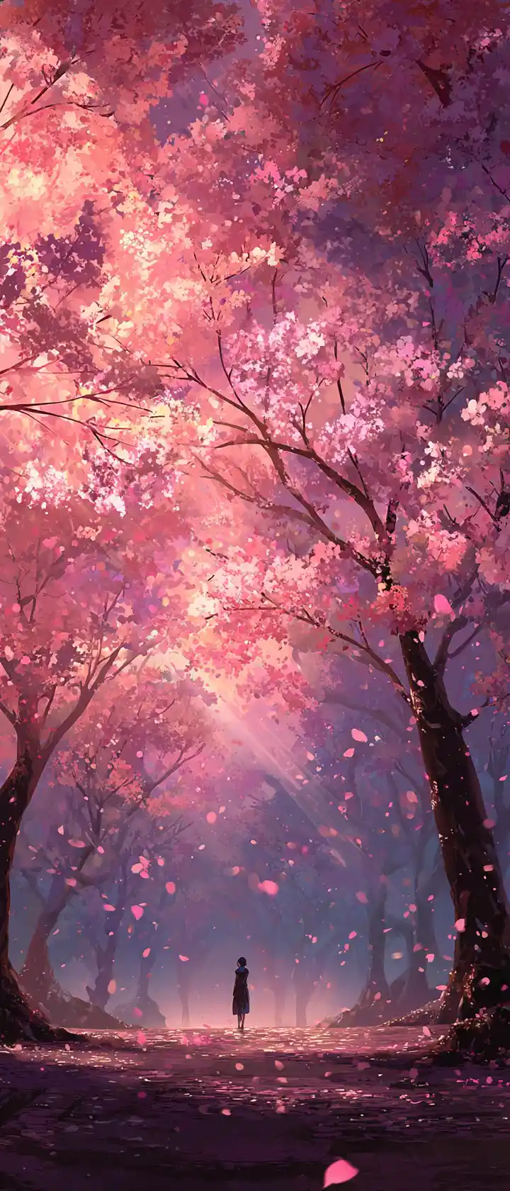 Lone figure walking through cherry blossom forest at dawn