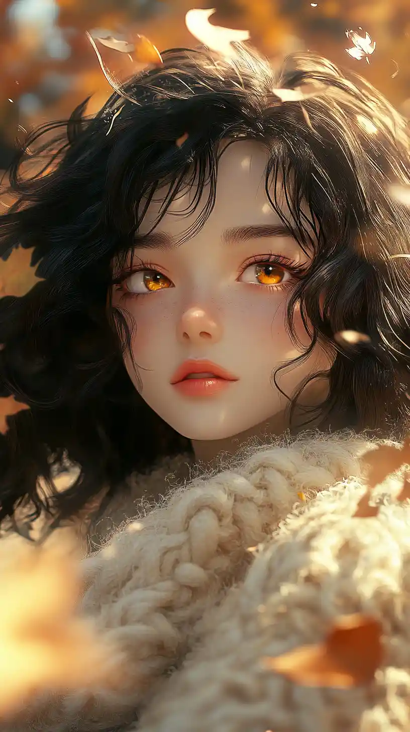 Shy anime girl behind cozy sleeves in falling autumn leaves