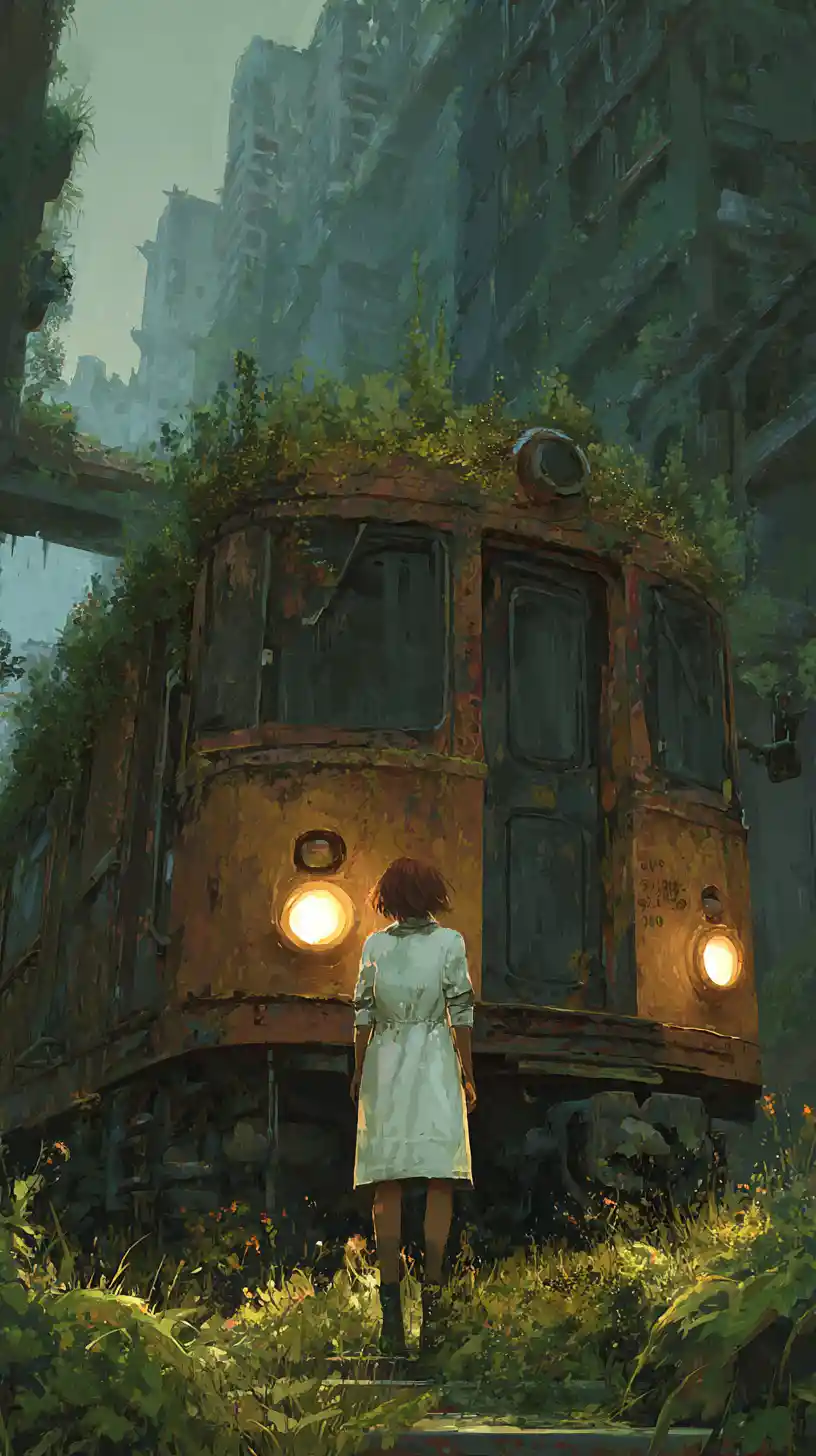 Young woman facing an abandoned train in ruined city
