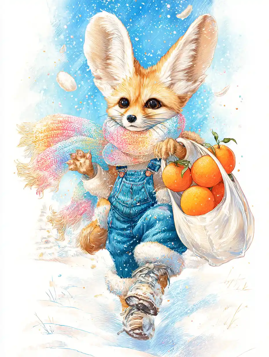 Cute fennec fox walking through a snowy fantasy village
