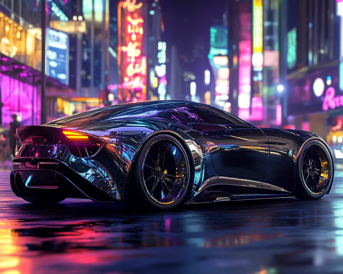 Luxusauto in neonbeleuchteter Stadtstraße bei Nacht