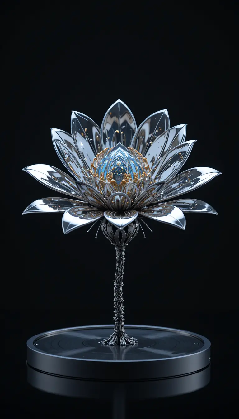 Rotating metallic cyberflower on seamless black background