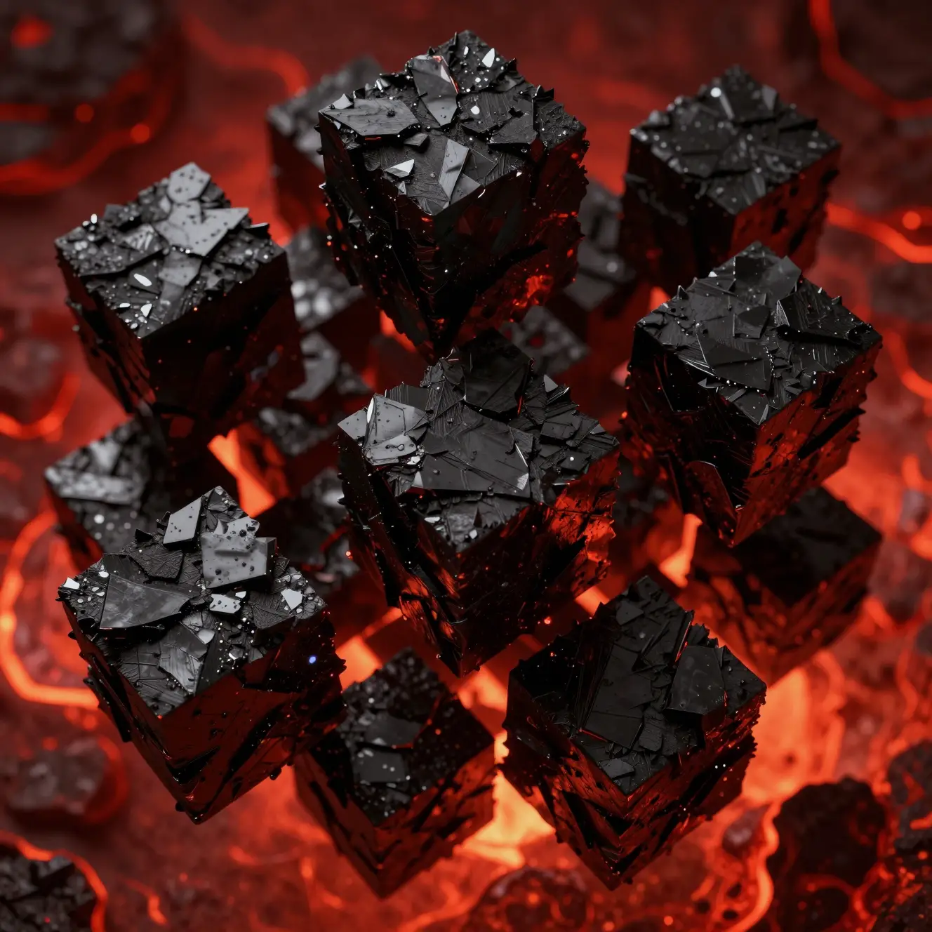 Dreidimensionale schwarze Würfel in flammend rotem abstraktem Raum