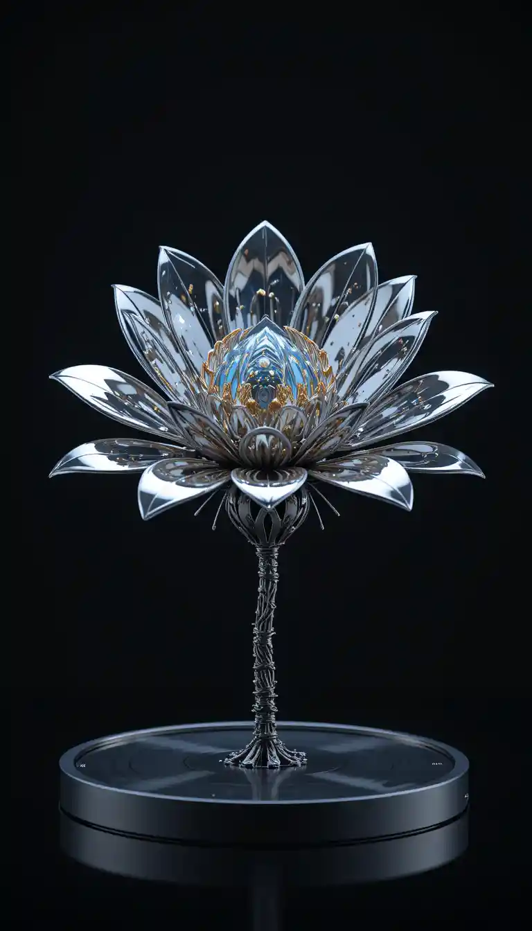 Rotating metallic cyberflower on seamless black background