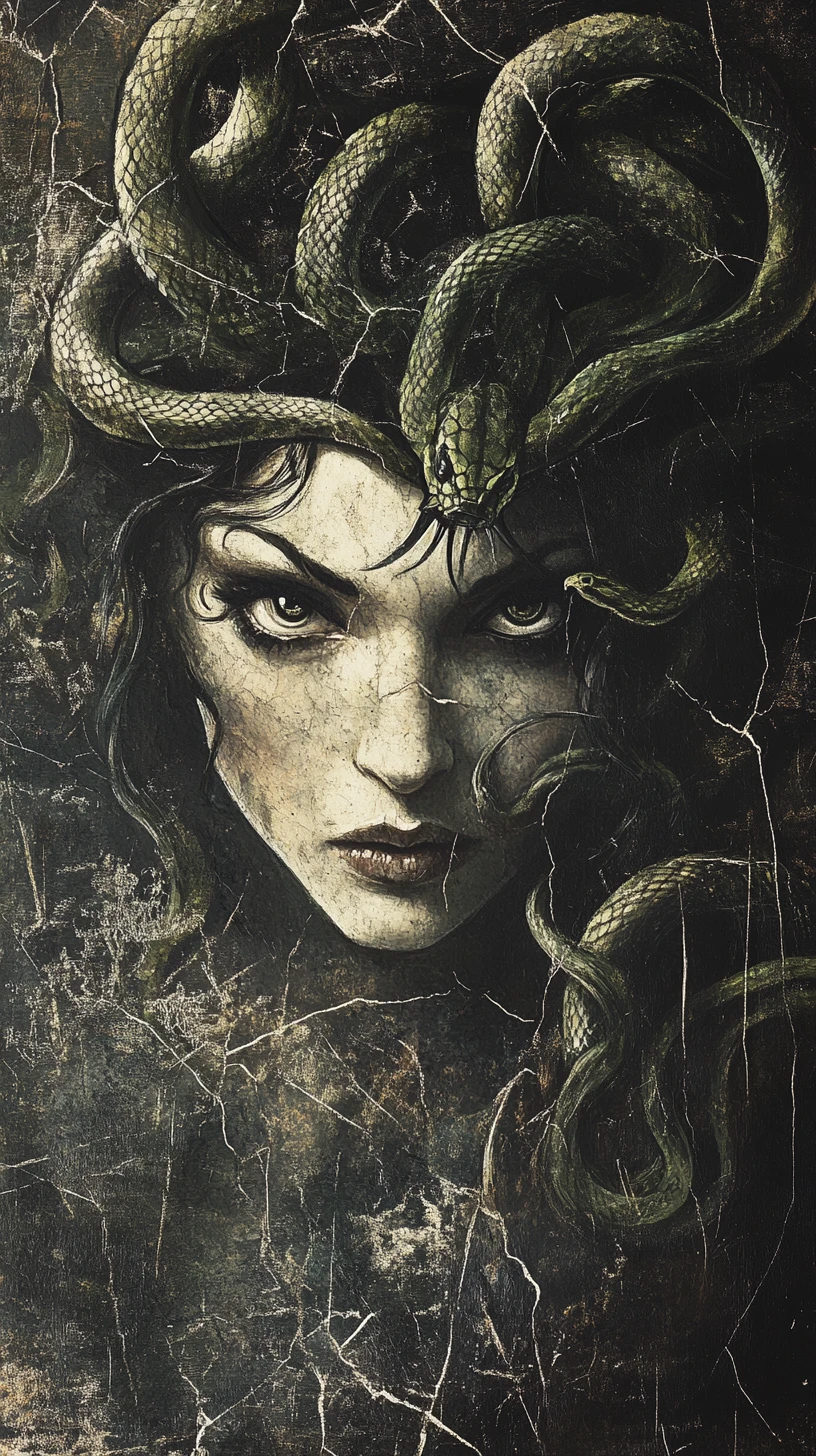 Retrato Amenazante de Medusa con Serpientes Enrolladas y Sombras Dramáticas