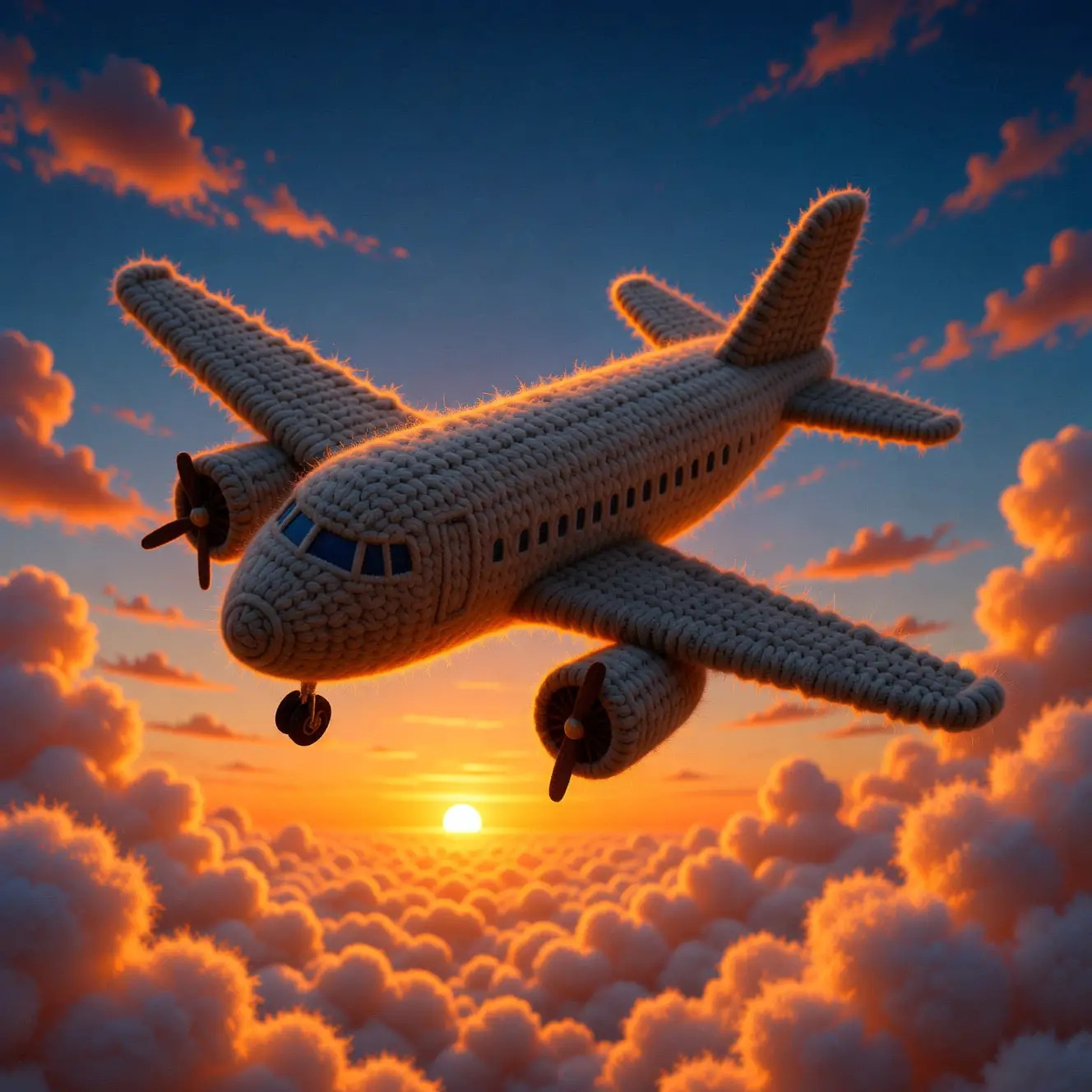 手工羊毛飛機飛越夕陽雲海