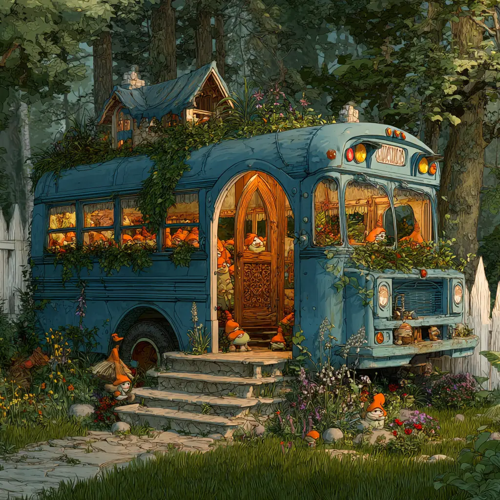 陽光灑落森林空地中的奇幻地精小屋巴士