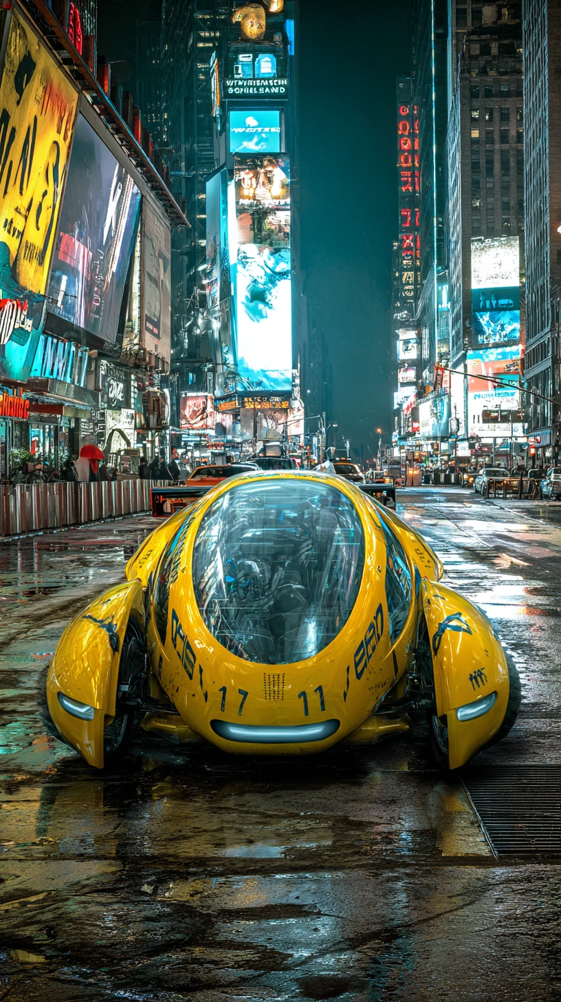 Táxi amarelo futurista de Nova York flutuando sobre uma rua da cidade