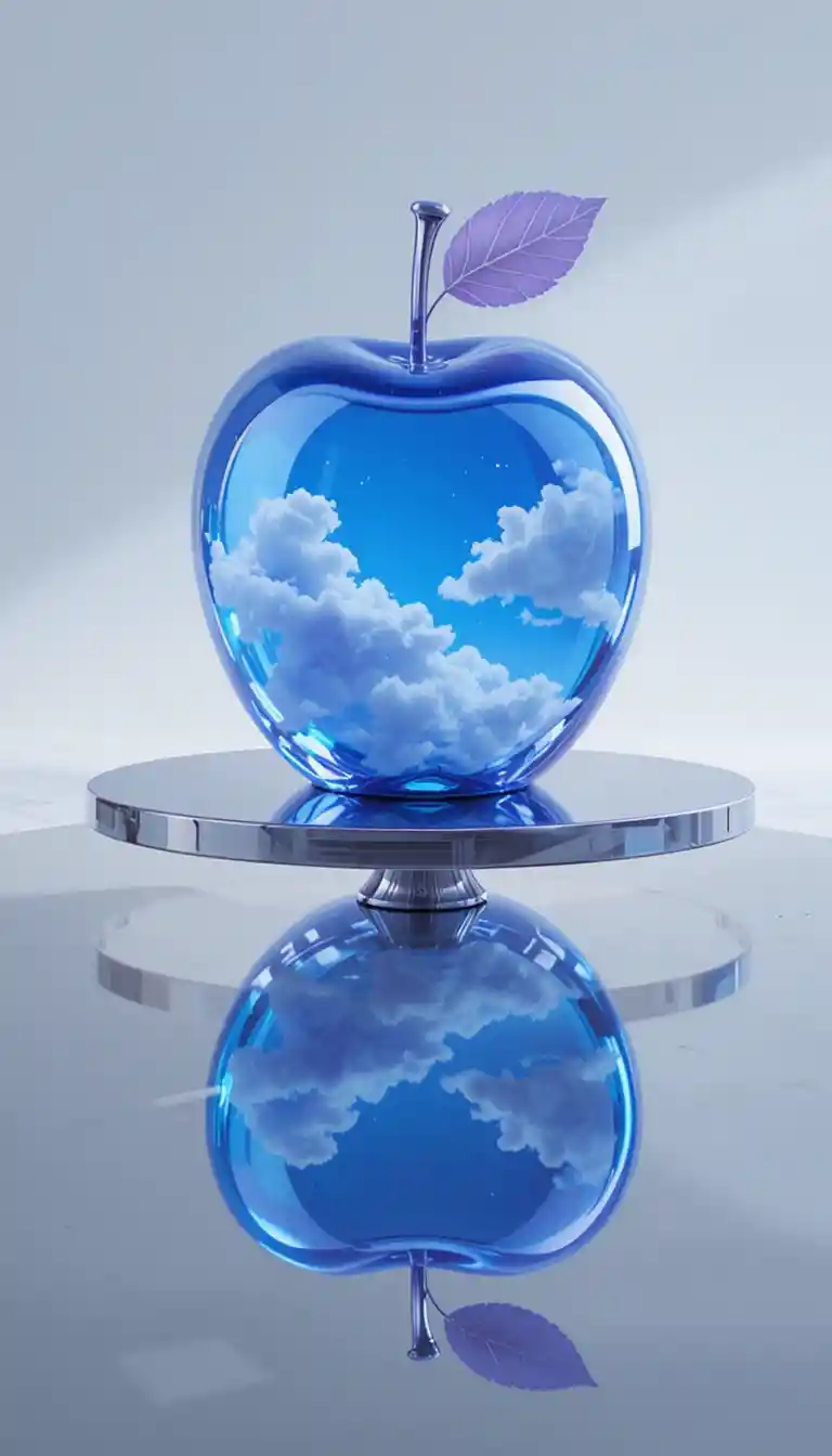 Blue glass apple with clouds on reflective metal table