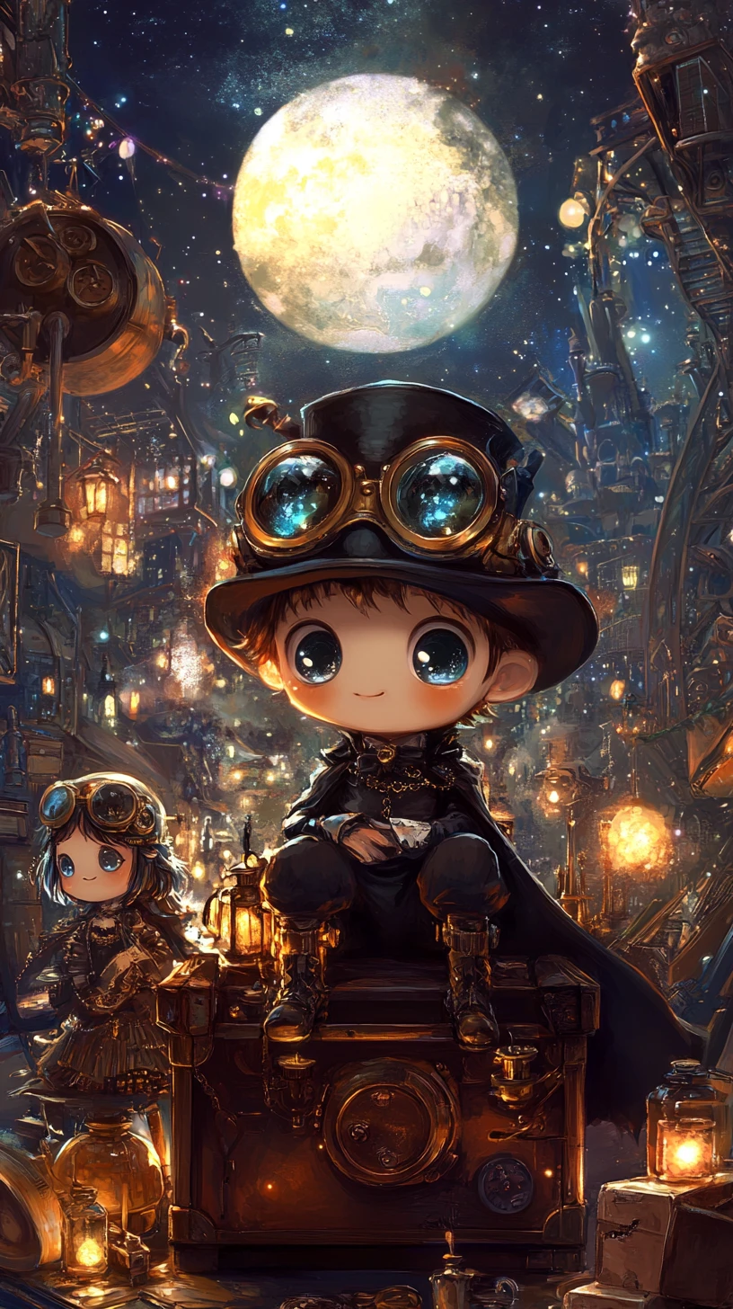 Chibi boy in steampunk hat under the glowing moon