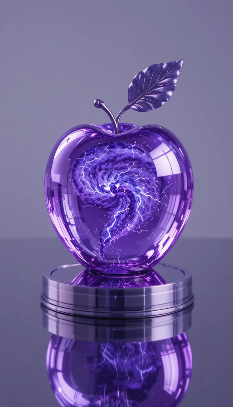 Maçã de Vidro Roxa com Tempestade em Miniatura sobre Mesa de Metal